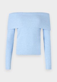 Top a maniche lunghe di maglia a coste azzurro chiaro, scollato sulle spalle, con orlo ampio. Il tessuto presenta un motivo verticale strutturato.