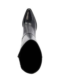 Black leather knee-high boot with a pointed toe, smooth texture, and a wide opening at the top. Minimalistic design with no visible hardware.