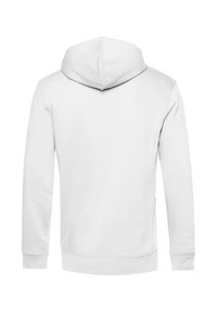 Hoodie bianco in cotone morbido con cappuccio regolabile, maniche lunghe e orlo dritto. Presenta una texture liscia senza motivi visibili.
