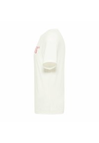 White cotton t-shirt featuring short sleeves, a crew neck, and red printed text on the front. Smooth texture with a regular fit.