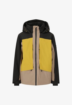 Herren wasserdichte Jacke mit schwarzer Kapuze und Ärmeln, gelben Brustpanelen, beigem Körper, Frontreißverschluss und Reißverschlusstaschen auf der Brust.