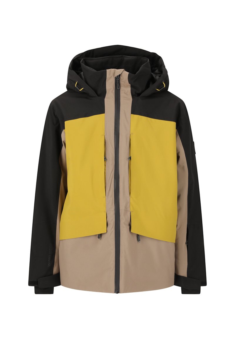 Vattentät jacka för män med svart huva och ärmar, gula bröstpaneler, beige kropp, framfickor med dragkedja och dragkedja fram.