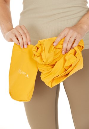 Hænder holder og folder en lysegul regnjakke ud sammen med dens matchende opbevaringspose, båret af en person i beige tøj.