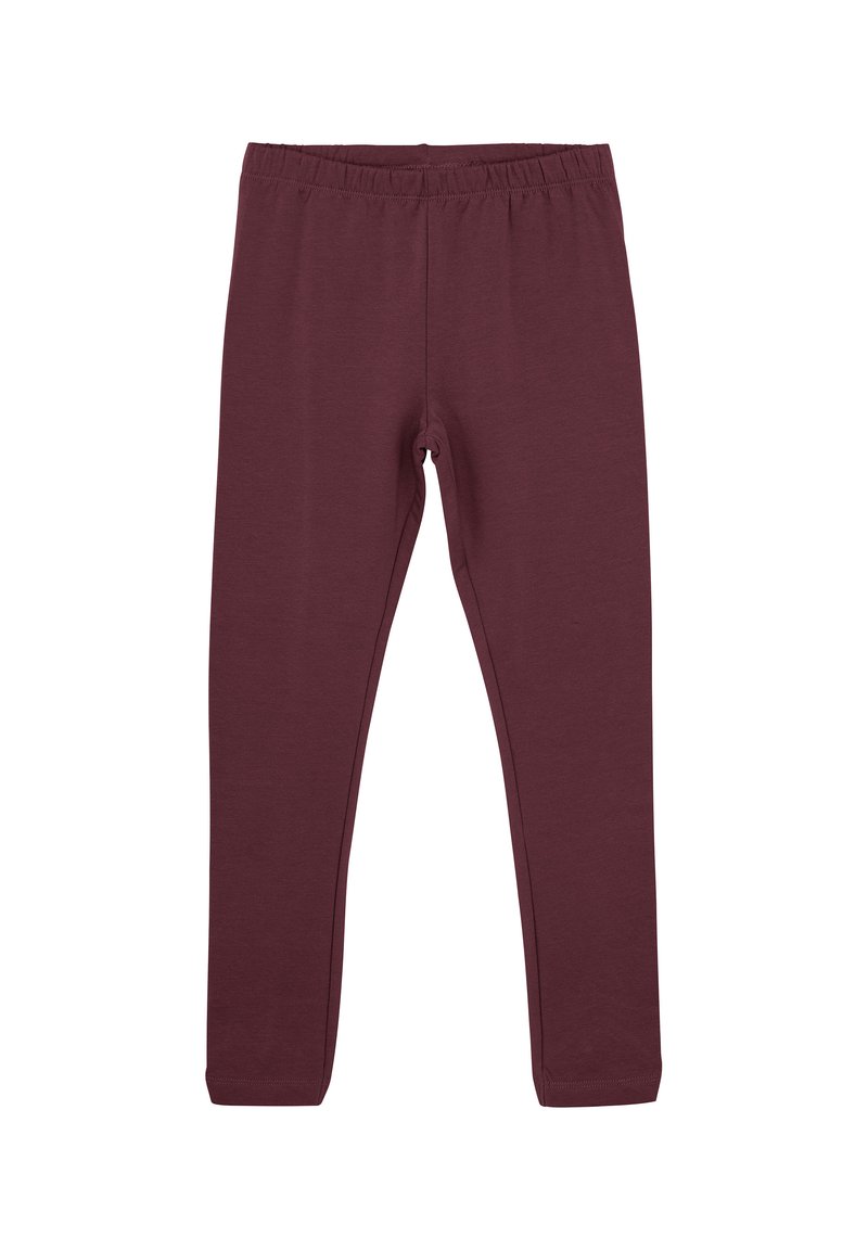 Burgunderleggings laget av myk strekkstoff, med elastisk midjebånd og en tettsittende design. Ingen synlige mønstre eller detaljer.