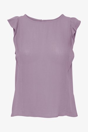 Lilahos blūze bez piedurknēm ar ruffles plecu detaļām, gluda tekstūra, apaļa kakla izgriezums un rāvējslēdzēja aizdare aizmugurē.