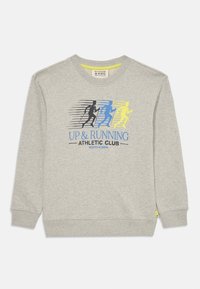 Sudadera gris claro con un gráfico de tres corredores utilizando bastones de senderismo en negro, azul y amarillo, y el texto "UP & RUNNING ATHLETIC CLUB."