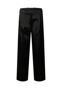 Pantalon noir à large jambe avec une texture lisse, présentant un devant plat, deux poches latérales et une ceinture sans fermetures visibles.