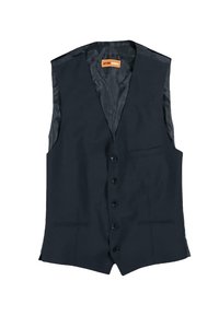 Marineblaues Weste mit schlankem Design, ausgestattet mit sechs Knöpfen, zwei Vordertaschen und einem satinierten Innenfutter für eine glatte Textur.