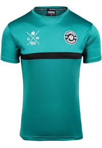 Teal athletic shirt made of smooth fabric, featuring a black horizontal stripe, logo, and crossed graphics on the front. Short sleeves.