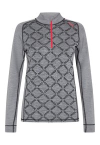 Grå langærmet top med en halv-zip krave, prydet med et gentaget sort logo-mønster og røde detaljer på lynlåsen. Glat tekstur.