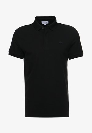 Schwarzers Polo-Shirt aus Baumwolle mit einem klassischen Kragen, kurzen Ärmeln und einem tonalen, gestickten Logo auf der linken Brust.