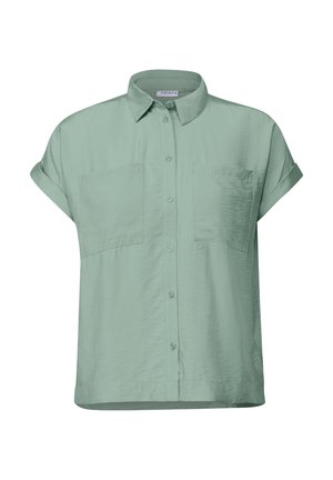 Korte mouw shirt in lichtgroen, gemaakt van een gladde stof. Voorzien van een knoopsluiting aan de voorkant, twee borstzakken en opgerolde mouwen.