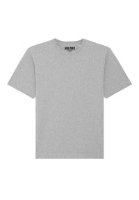 T-shirt gris à manches courtes en coton doux. Encolure ras du cou et coupe décontractée. L'étiquette indique "MIRA PARIS". Pas de motifs ni de graphismes.