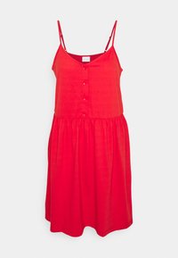 Robe sans manches rouge avec un corsage ajusté, boutons sur le devant et taille froncée, fabriquée en tissu léger. Texture lisse, design longueur genoux.