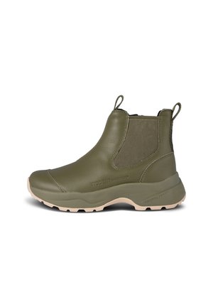 Stivaletti alla caviglia verde oliva in pelle con finitura liscia, dotati di pannelli laterali elastici e suola in gomma. Design leggero.