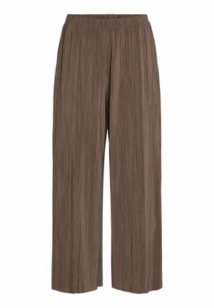 Pantaloni largi de culoare crem, confecționați dintr-un material texturat moale, cu pliuri verticale. Talie elastică pentru un fit confortabil.