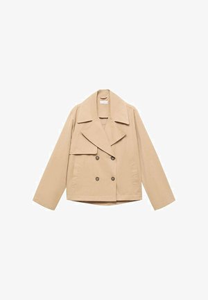 Beige, zweireihige Jacke aus Baumwolle mit großen Revers, zwei Fronttaschen und Knopfdetails. Strukturierter, gekürzter Schnitt.