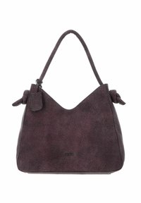 Sac à main en cuir violet profond avec une finition texturée. Il présente un design souple et décontracté, une anse unique et des accents noués sur les côtés.