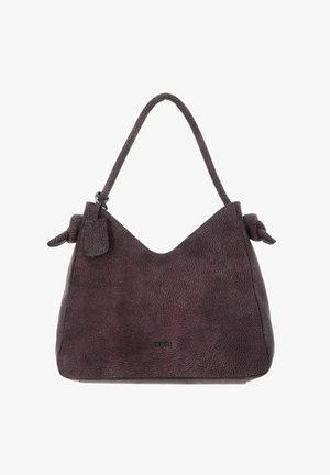 Sac à main en cuir violet profond avec une finition texturée. Il présente un design souple et décontracté, une anse unique et des accents noués sur les côtés.