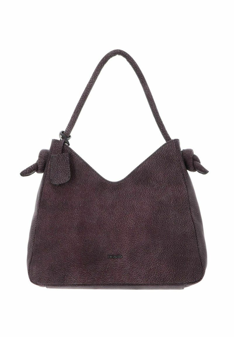 Sac à main en cuir violet profond avec une finition texturée. Il présente un design souple et décontracté, une anse unique et des accents noués sur les côtés.