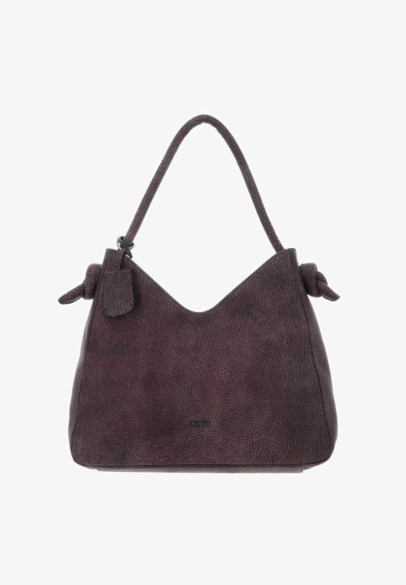 Sac à main en cuir violet profond avec une finition texturée. Il présente un design souple et décontracté, une anse unique et des accents noués sur les côtés.