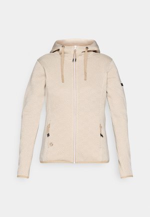 Veste à capuche beige avec un motif géométrique, fermeture éclair intégrale à l'avant, poches latérales et accents à cordon de serrage. Texture lisse, design ajusté.