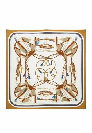 Foulard en soie avec un motif équestre symétrique comprenant des brides, des rênes et des pompons bleus sur fond blanc et marron.