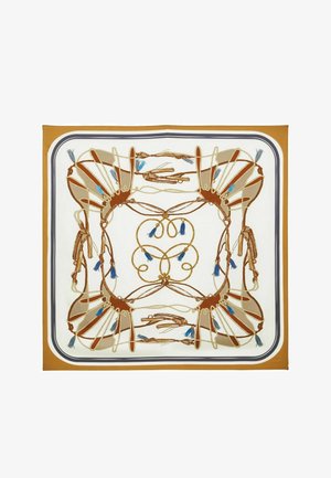 Foulard en soie avec un motif équestre symétrique comprenant des brides, des rênes et des pompons bleus sur fond blanc et marron.