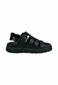Schwarze Sandale mit mehreren Lederriemen, gepolstertem Innensohleneinsatz, strukturiertem Außensohle und verstellbarem Riemen hinten für einen sicheren Sitz.