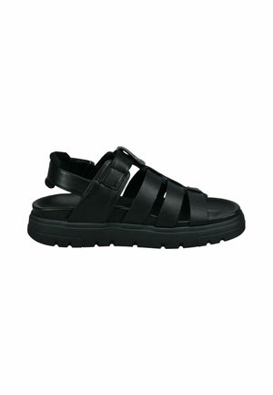 Schwarze Sandale mit mehreren Lederriemen, gepolstertem Innensohleneinsatz, strukturiertem Außensohle und verstellbarem Riemen hinten für einen sicheren Sitz.