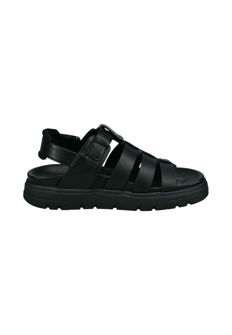 Schwarze Sandale mit mehreren Lederriemen, gepolstertem Innensohleneinsatz, strukturiertem Außensohle und verstellbarem Riemen hinten für einen sicheren Sitz.