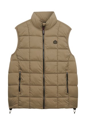 Jasnobrązowa pikowana kamizelka bez rękawów z wysokim kołnierzem, przednim zamkiem błyskawicznym, dwoma bocznymi kieszeniami na zamek oraz małym czarnym logo na piersi.