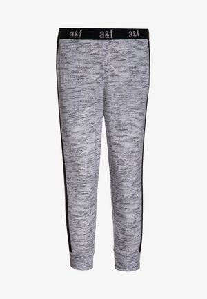 Grau gesprenkelte Jogginghose mit schwarzen Seitenstreifen und schwarzem elastischem Bund mit wiederkehrendem weißen „a&f“-Logo.