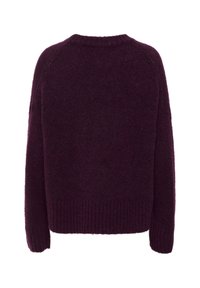 Maglione viola lavorato a maglia con scollatura rotonda, maniche lunghe e orlo a coste. Texture morbida e vestibilità comoda. Vista posteriore mostrata.