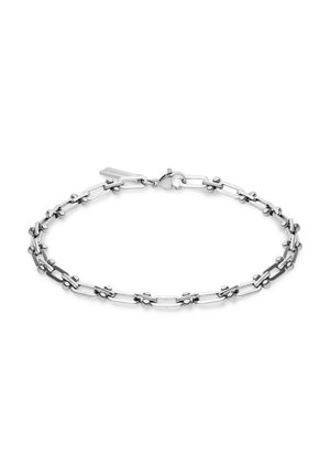 Silberarmband mit verbundenen rechteckigen und runden Formen, polierter Oberfläche und Verschluss. Auffällige Kugelakzente werten das Design auf.