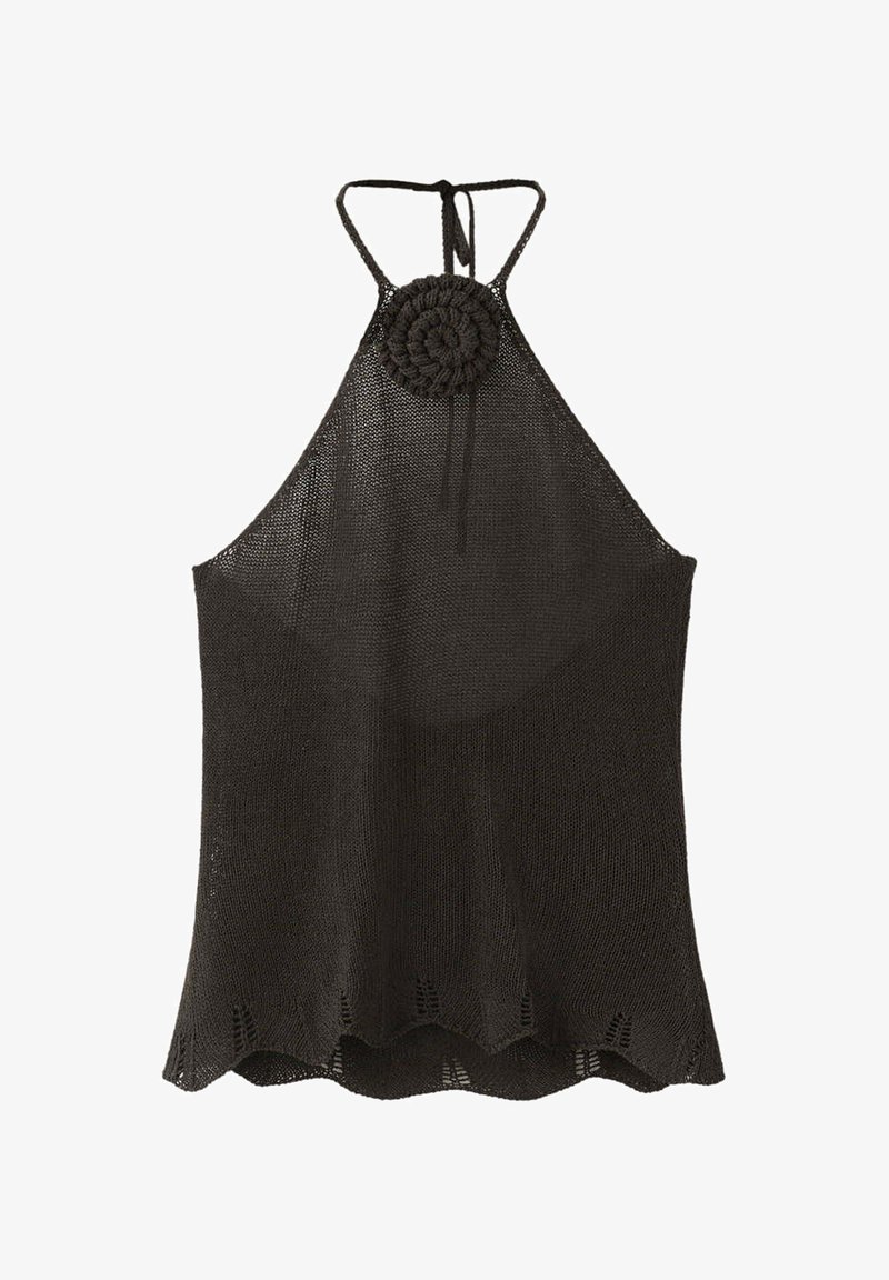 Haut dos nu en maille noire avec un détail circulaire crocheté à l'encolure et des bords festonnés à l'ourlet.