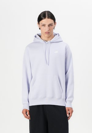 Light lavender hoodie made of soft fabric. Features a front pocket, drawstring hood, and a small white logo on the chest.