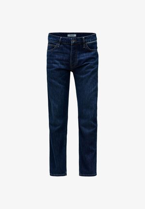 Jean droit bleu foncé avec bouton et fermeture éclair à l'avant, passants pour ceinture et design à cinq poches, présenté sur un fond blanc.