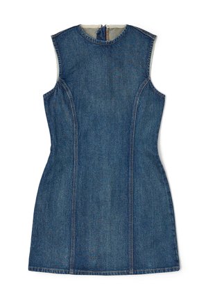 Jeansklänning utan ärmar med rund halsringning, figurnära silhuett och mittdragkedja. Har synliga sömdetaljer och en mörkblå tvätt.