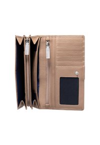 Tanja usnjena denarnica z teksturirano površino, ki vsebuje več rež za kartice, zadrgo in prozoren predal za osebno izkaznico.