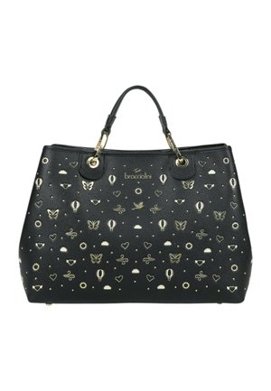 Borsa nera con due manici, decorata con motivi dorati di mongolfiere, farfalle, cuori, nuvole e uccelli.