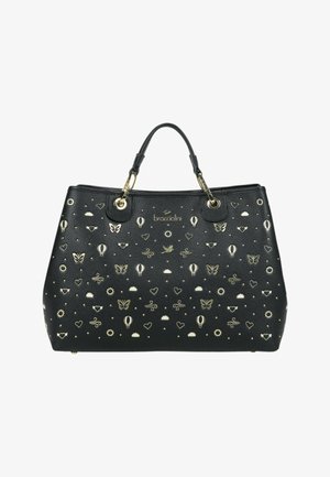 Borsa nera con due manici, decorata con motivi dorati di mongolfiere, farfalle, cuori, nuvole e uccelli.