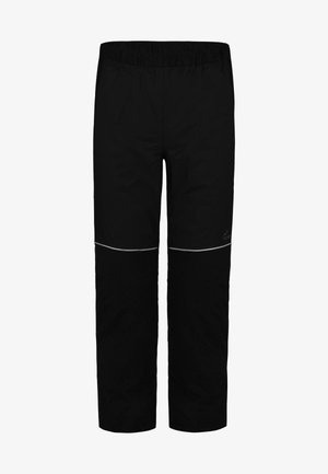 Pantalon noir à jambes droites pour l'extérieur, avec ceinture élastique et bandes réfléchissantes au-dessus des genoux, conçu pour la randonnée ou un usage décontracté.