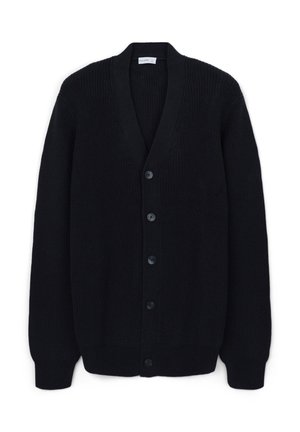 Schwarze Strickjacke mit V-Ausschnitt, langen Ärmeln und Knopfverschluss. Mit gerippten Bündchen und Saum sowie einem strukturierten Stoff.