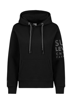 Black hoodie with a drawstring hood, front pocket, and gray printed text on the left sleeve. Made of soft cotton material.
