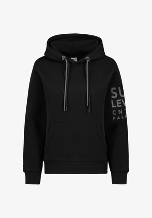 Black hoodie with a drawstring hood, front pocket, and gray printed text on the left sleeve. Made of soft cotton material.
