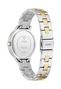 Stainless steel watch with a silver and gold link bracelet. Features a round case with a smooth back, water-resistant marking, and logo.