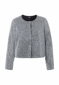 Silvergrijze textuur lange mouwen cropped jas met ronde hals en verborgen sluiting aan de voorkant.