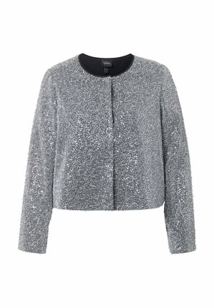 Silver-gray textured long-sleeve cropped jacket with a round neckline and hidden front closure.