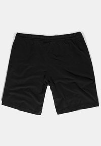 Schwarze Shorts aus weichem Stoff. Elastischer Bund oben. Gerades Schnittdesign ohne sichtbare Taschen oder Muster. Einfaches und klassisches Design.